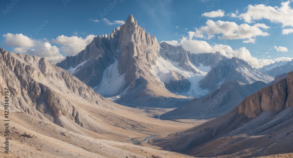 Majestic mountain peak towering over arid valley with dramatic cliffs and clear blue sky in picturesque landscape setting. Majestic mountain peak towering over arid valley with dramatic cliffs and clear blue sky in picturesque landscape setting.