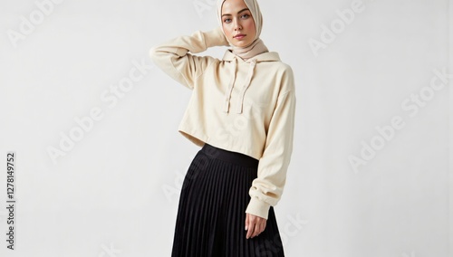 Young Female Model Showcasing a Stylish Outfit Featuring a Cropped Sweatshirt and Pleated Skirt, Embracing Modern Fashion Trends with Elegance and Grace