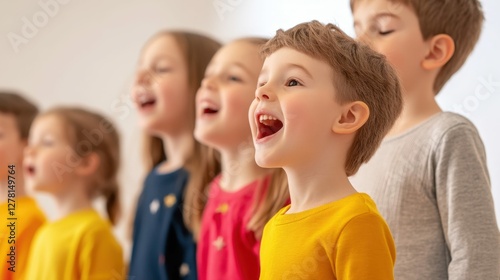 Joyful group of adults and children singing for a birthday celebration in colorful socks