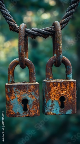 Rusted padlocks hanging, forest background photo