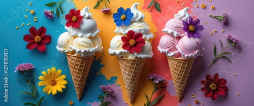 Colorful ice cream cones with floral decorations on a bright background. Three cones with different flavors and flowers.