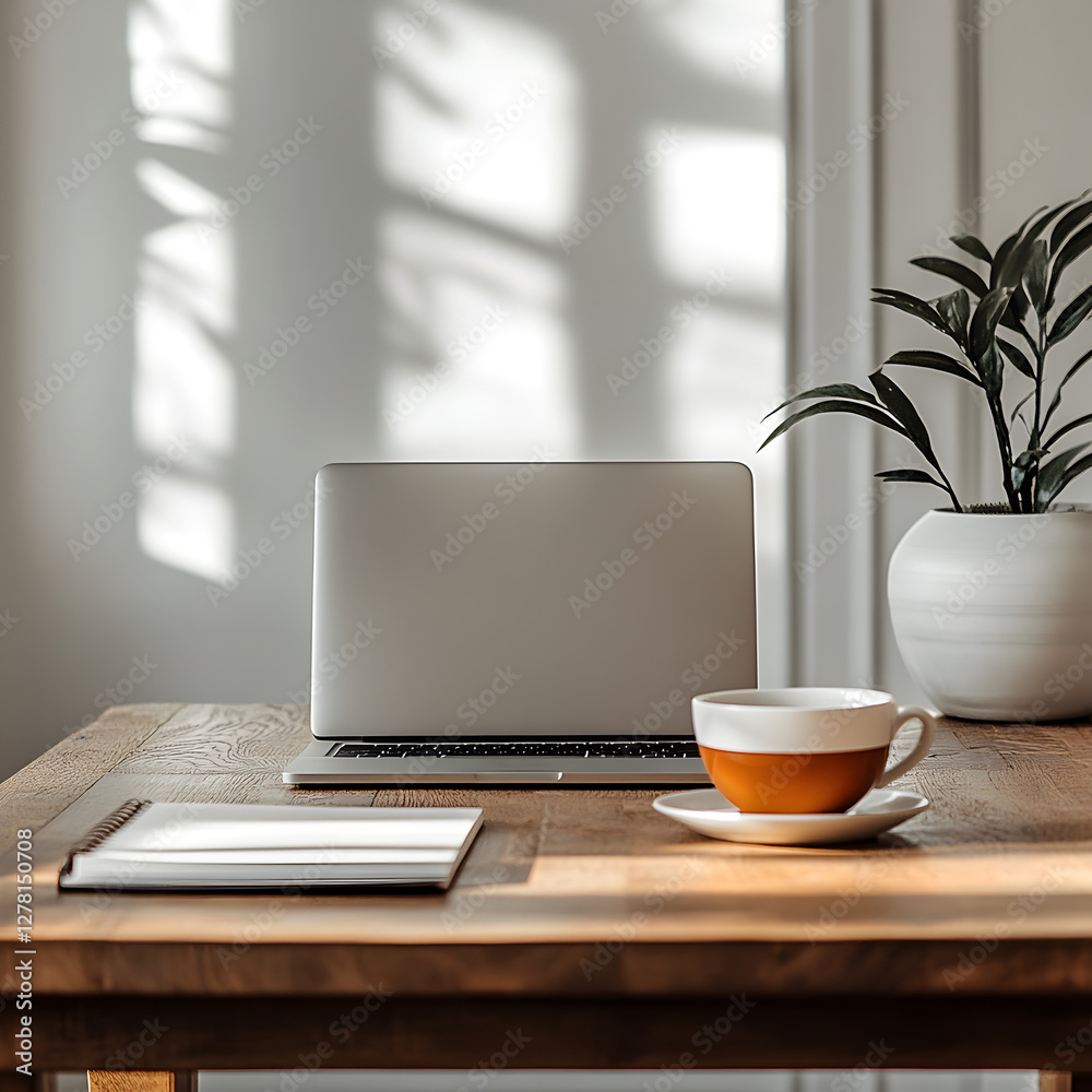 Workspace Still Life: A serene workspace bathed in natural light, featuring a laptop, notepad, and a cup of coffee alongside a potted plant, evoking a sense of calm and productivity.