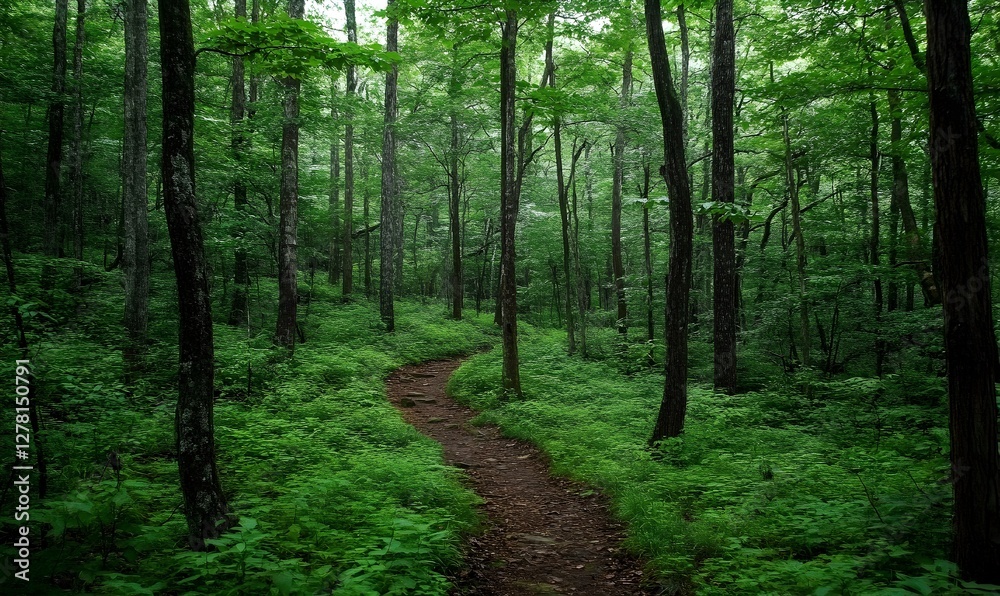 Fototapeta premium Winding forest trail, lush greenery, misty day, nature scene, hiking backdrop