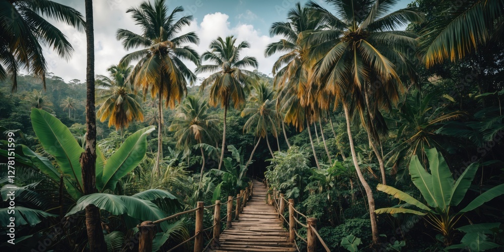 Lush tropical landscape with wooden pathway surrounded by palm trees and dense vegetation under a blue sky with clouds Lush tropical landscape with wooden pathway surrounded by palm trees and dense vegetation under a blue sky with clouds