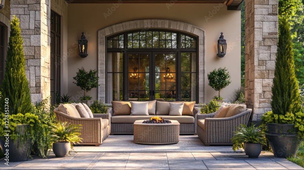 Fototapeta premium Luxury Patio Design: Fire Pit, Wicker Furniture, and Tranquil Garden