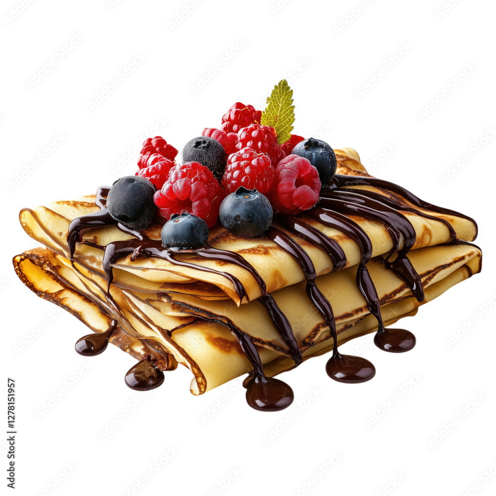 French crepes drizzled with chocolate sauce, topped with fresh raspberries, blueberries, and mint leaves, isolated on a transparent background.