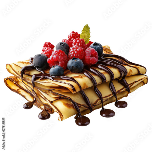 Obraz na płótnie French crepes drizzled with chocolate sauce, topped with fresh raspberries, blueberries, and mint leaves, isolated on a transparent background. w salonie
