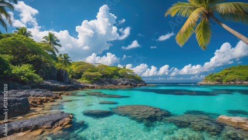 Tropical beach landscape with clear turquoise waters rocky shorelines lush greenery and palm trees under a bright blue sky with clouds