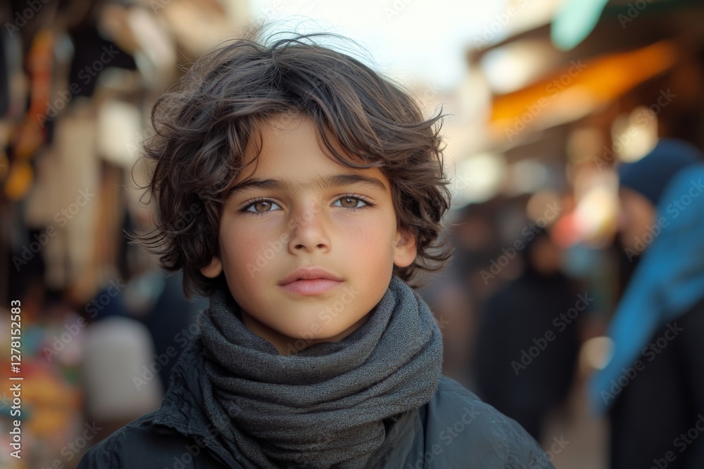 Young boy with expressive eyes walks through a bustling market in the afternoon light Young boy with expressive eyes walks through a bustling market in the afternoon light