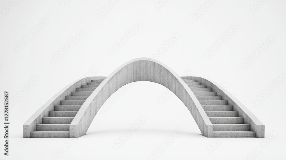 Obraz premium A minimalist concrete bridge with arching design, connecting two staircases, set against a plain background.