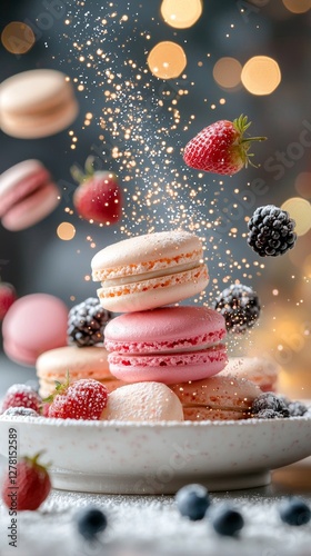 Delightful Dance of Decadence: Colorful Macarons and Berries Infused with Magic