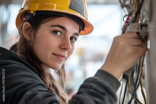 A female electrician working on cables with tools, repairing the electrical wiring on a construction site. 