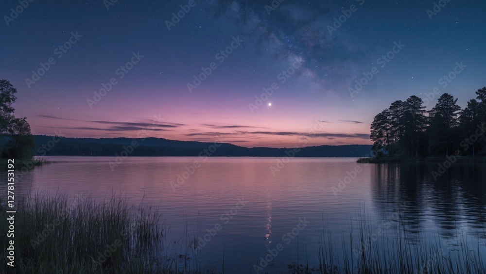 Obraz premium Twilight over calm lake with reflection of trees and the Milky Way in the sky at dusk in a serene landscape setting.