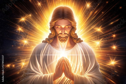 Divine Easter blessings with illuminated figure of Jesus Christ in peaceful prayer. Easter celebration and faith in god concept