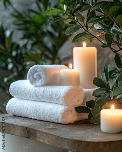 Serene spa ambiance with white towels glowing candles and lush green foliage for relaxation and wellness retreat
