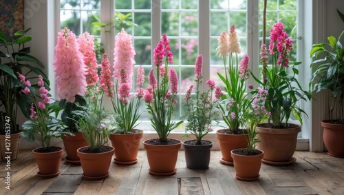 Vibrant display of various pink flowers in pots arranged on wooden floor by window with greenery outside. Natural light enhances floral colors. photo