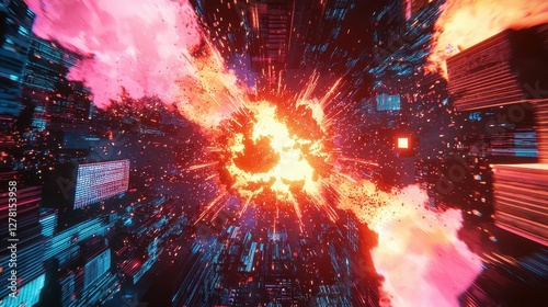 Vibrant Explosion in Futuristic Cityscape with Colorful Light Effects
