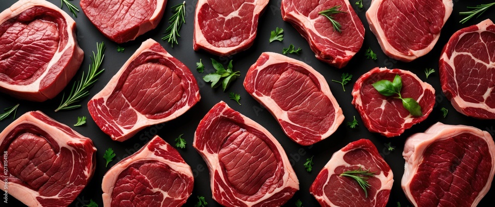 Various cuts of raw beef meat arranged on a dark surface garnished with fresh herbs like rosemary and basil Various cuts of raw beef meat arranged on a dark surface garnished with fresh herbs like rosemary and basil
