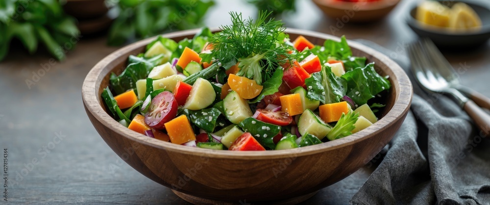Fresh vegetable salad in wooden bowl with assorted colorful ingredients on rustic table with utensils in background Fresh vegetable salad in wooden bowl with assorted colorful ingredients on rustic table with utensils in background