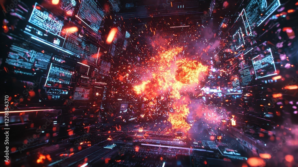 Obraz premium Explosive Digital Fire Erupting in Futuristic Data Environment
