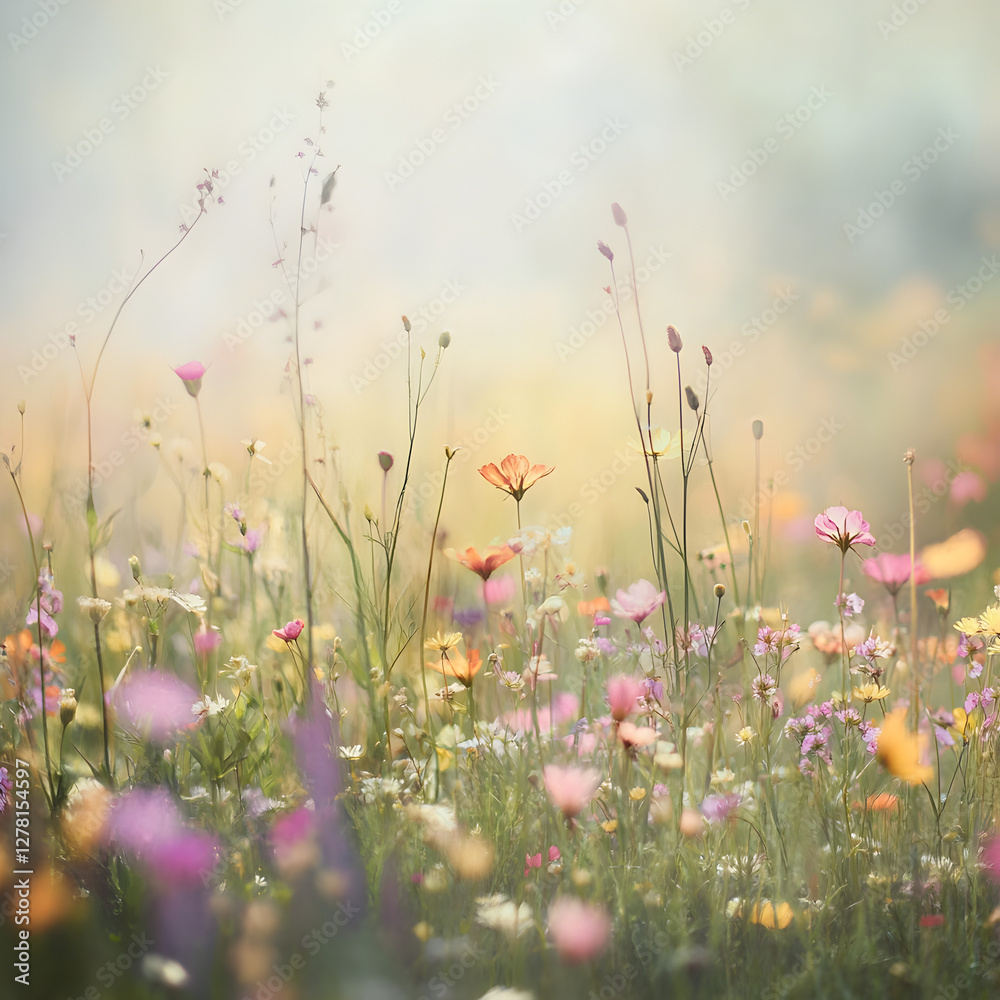 Fototapeta premium Blooming Field: A vibrant tapestry of wildflowers, painted with soft, dreamy light. A gentle breeze whispers through the scene, carrying the scent of summer in a painterly, captivating moment.