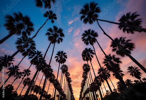 A worm’s-eye view of towering palm trees against a sunset sky in Los Angeles 