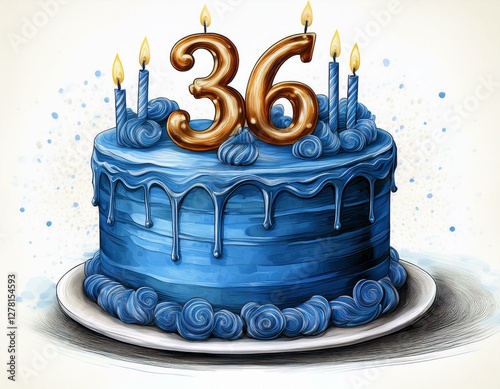 Illustration of decorated blue cake for birthday or anniversary party. Number 36, thirty-sixth birthday celebration photo