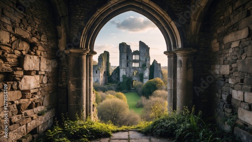 View of historic ruins through an arched stone doorway surrounded by greenery under a cloudy sky. photo