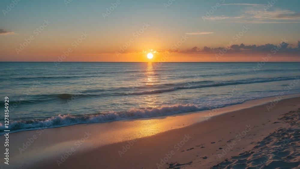 sunset over calm ocean waves on sandy beach with horizon and clouds in the sky during golden hour sunset over calm ocean waves on sandy beach with horizon and clouds in the sky during golden hour