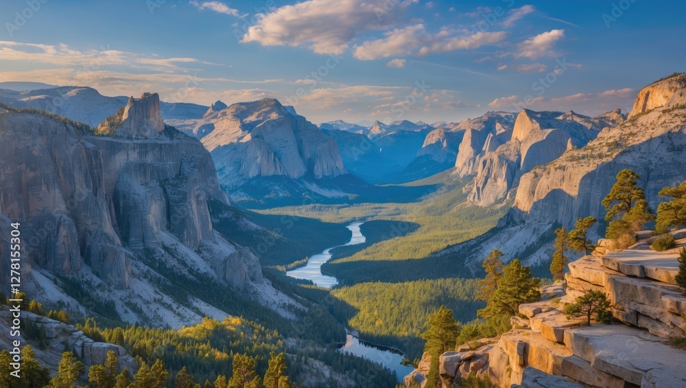Fototapeta premium Yosemite National Park panoramic view featuring granite cliffs, forested valley, and winding river under blue sky with clouds