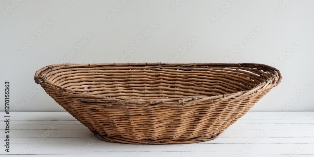 Fototapeta premium Woven brown wicker basket on white wooden surface with neutral background
