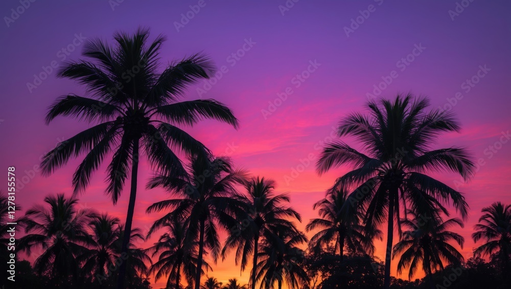 Silhouette of palm trees against a vibrant sunset sky with shades of purple and orange colors in a tropical landscape. Silhouette of palm trees against a vibrant sunset sky with shades of purple and orange colors in a tropical landscape.