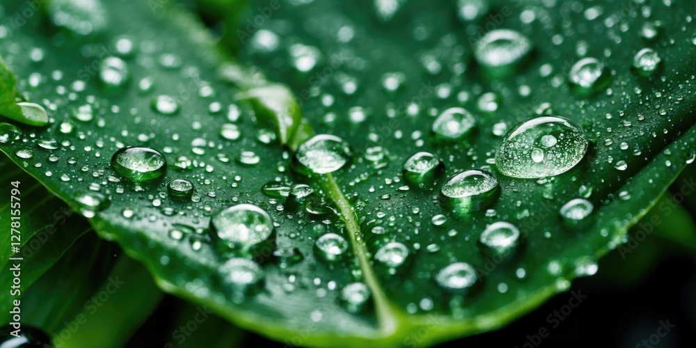 Close-up of water droplets on green leaf surface highlighting freshness and natural beauty of foliage in macro photography Close-up of water droplets on green leaf surface highlighting freshness and natural beauty of foliage in macro photography