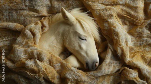 Plush horse sleeping under a miniature blanket