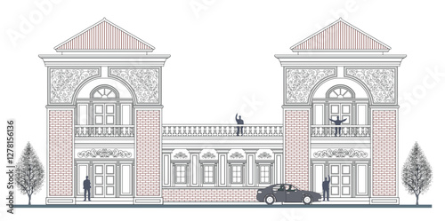 Facade of 2 storey symmetrical classical style  houses with 4 doors, 4 windows, triangular roof, frames, crowns, balustrade, canopy, balcony and its design elements.