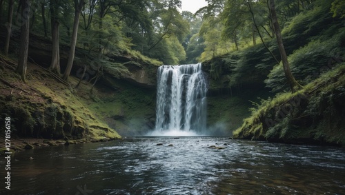 Peaceful waterfall cascading into a serene river surrounded by lush green foliage and dense forest in a tranquil natural setting