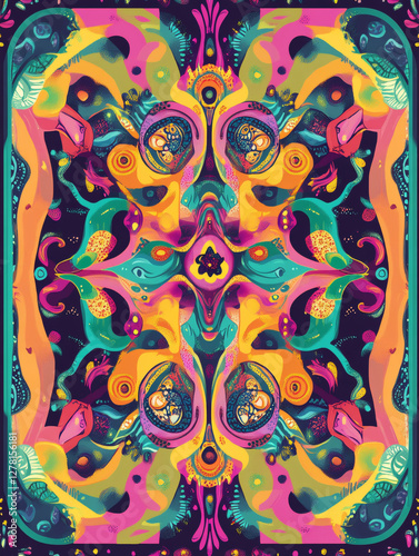 Vibrant psychedelic art with intricate patterns and neon colors