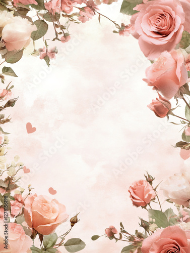 Vintage Floral Border with Delicate Rose Petals and Hearts