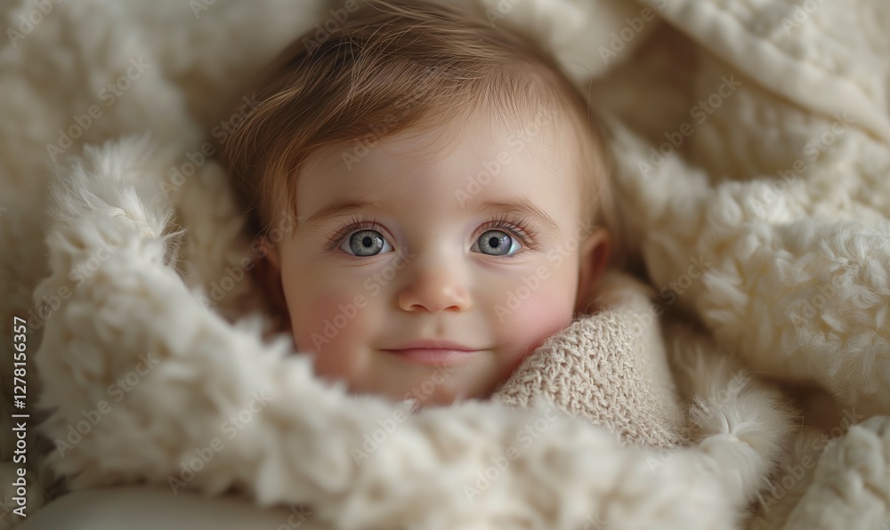 Cute baby with big eyes wrapped in cozy blanket. Generative AI Cute baby with big eyes wrapped in cozy blanket. Generative AI