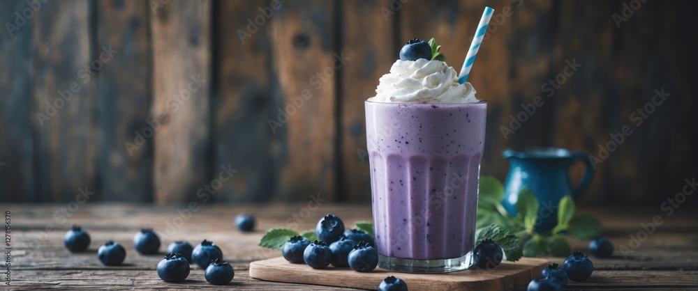Blueberry smoothie topped with whipped cream and fresh blueberries on wooden background with additional blueberries and a jug.