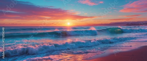 Colorful sunset over ocean waves with pink and blue sky reflecting on water at the beach shoreline in a scenic landscape view.