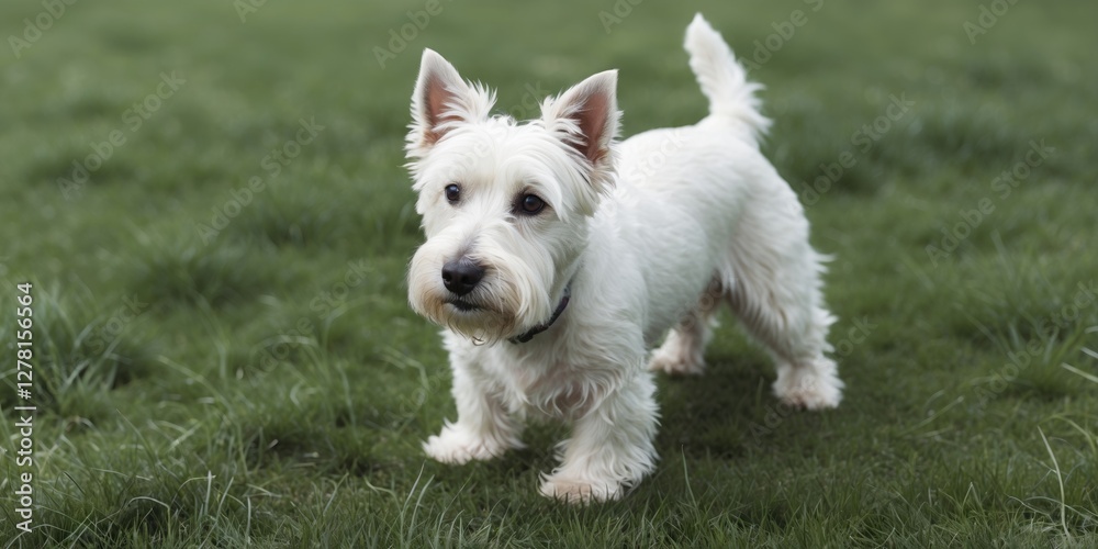 West Highland White Terrier standing on green grass in a natural outdoor setting. Dog with fluffy white fur and alert expression. West Highland White Terrier standing on green grass in a natural outdoor setting. Dog with fluffy white fur and alert expression.