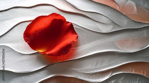 Red Rose Petal on Silver Wavy Background