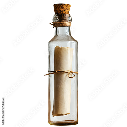 Glass bottle with cork and rolled paper isolated on a transparent background