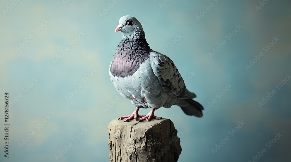 Fototapeta premium Plush pigeon perched on a wooden faux perch