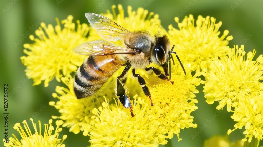 A close-up of a bee collecting pollen from vibrant yellow flowers, showcasing the beauty and importance of pollinators in nature. A close-up of a bee collecting pollen from vibrant yellow flowers, showcasing the beauty and importance of pollinators in nature.