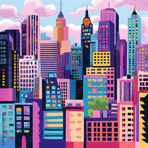 Vibrant Metropolis: An artistic rendition of a bustling cityscape, skyscrapers rise majestically against a colorful sky.