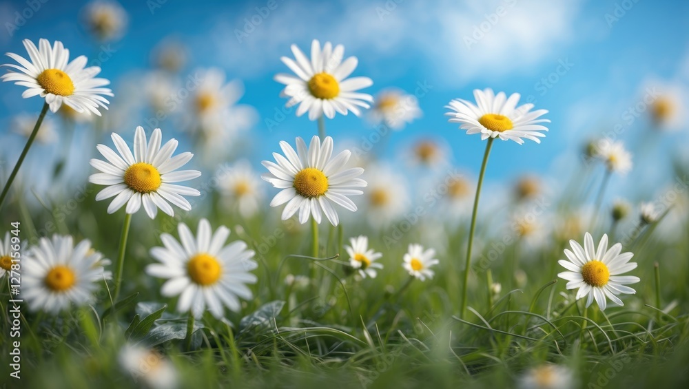 Fototapeta premium Field of blooming daisies with bright white petals and yellow centers against a clear blue sky on a sunny day