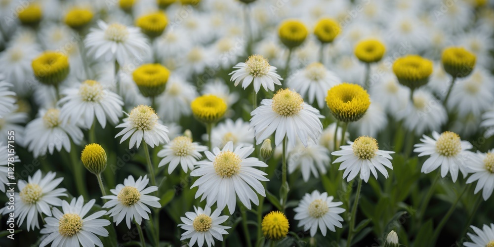 Fototapeta premium Field of white daisies and yellow blooms in full bloom during daylight in a lush green garden setting.
