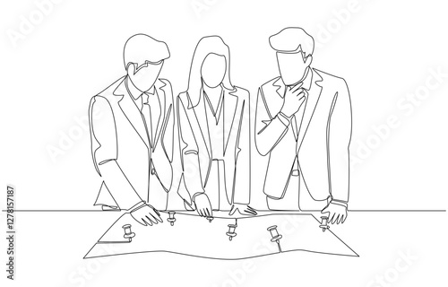 Continuous one line drawing of businesspeople adding new pin to map, business expansion meeting concept, single line art